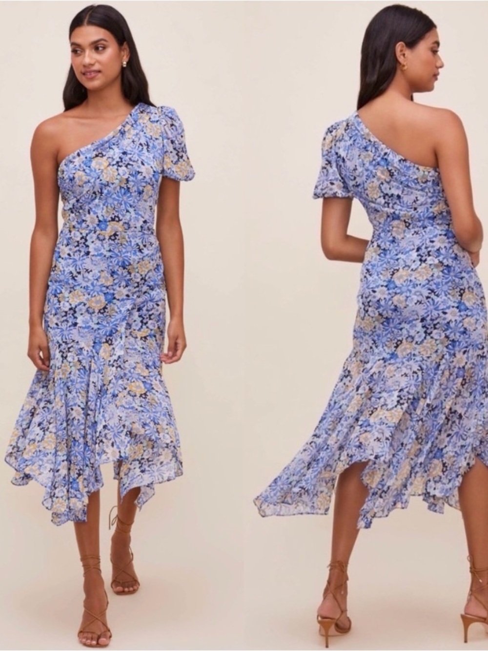ASTR One-Shoulder Blue Floral Midi Dress